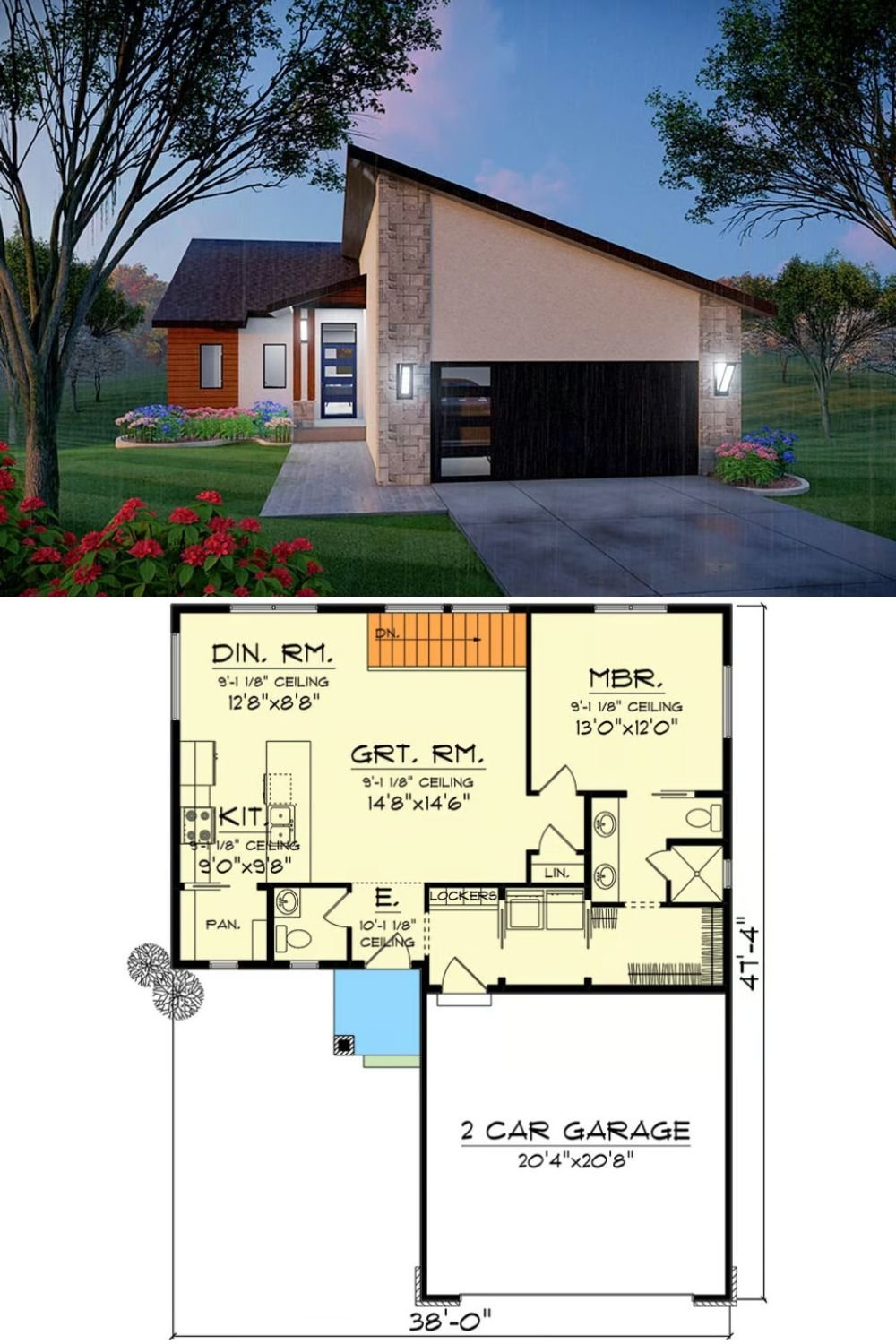 This modern home features a bold and contemporary design with clean lines and a striking combination of materials. The facade blends stone accents with smooth stucco and wood siding, creating a sophisticated and dynamic look. A two-car garage with a modern door seamlessly integrates into the design while the inviting entrance is highlighted by a stylish front door, providing a warm welcome.