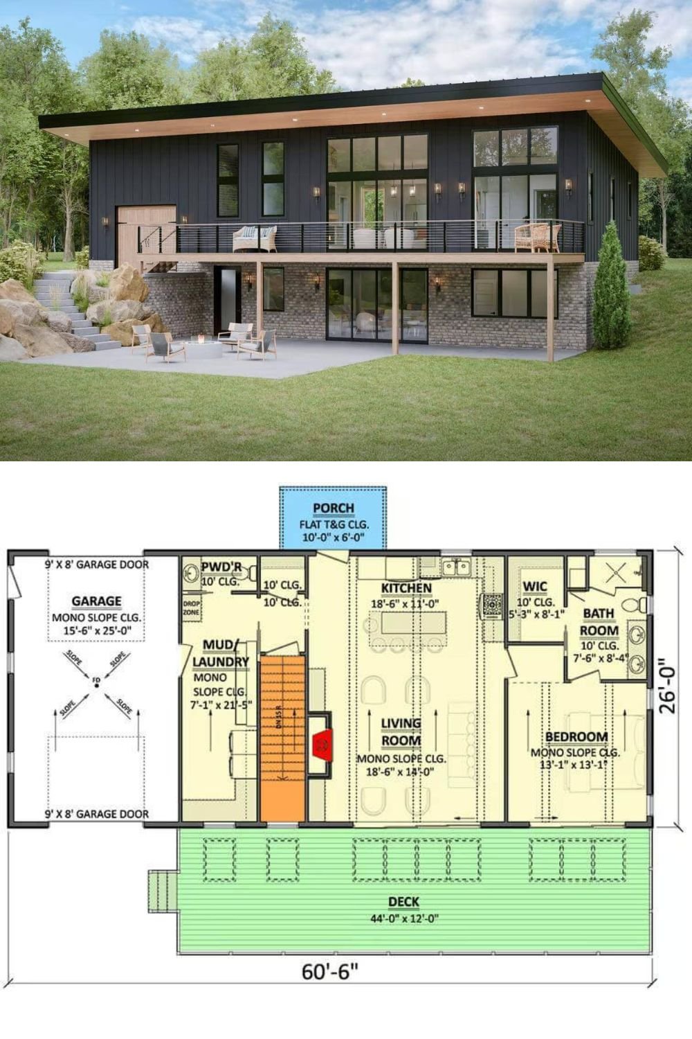 This vacation home embraces a modern mountain aesthetic, featuring a sleek, mono-slope roofline that complements its clean architectural lines. The exterior combines dark vertical siding with warm wood accents and natural stone, creating a sophisticated yet inviting presence. Large floor-to-ceiling windows flood the interior with natural light and provide stunning views, while a spacious upper-level deck extends the living space outdoors. A walkout lower level enhances the connection to nature and provides additional functional space.