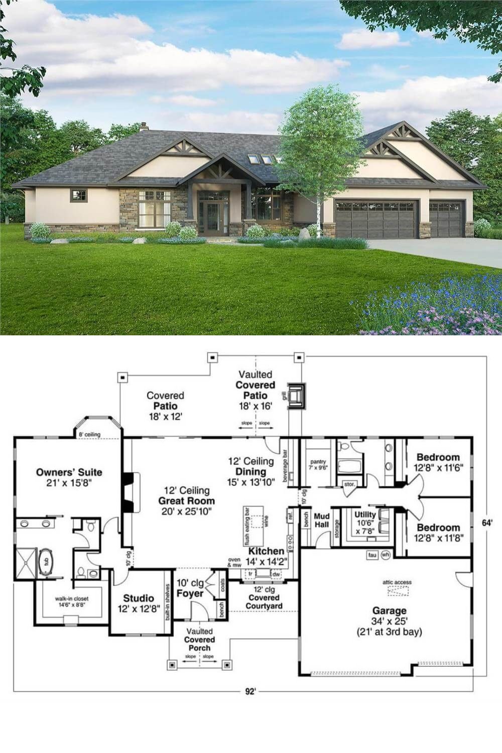 This 3-bedroom ranch-style home features a striking exterior with a combination of stone, stucco, and exposed wood trusses. The inviting front porch is enhanced by decorative beams and gable rooflines, while large windows and skylights allow natural light to brighten the interior. The three-car garage is seamlessly integrated into the design, adding both convenience and curb appeal.