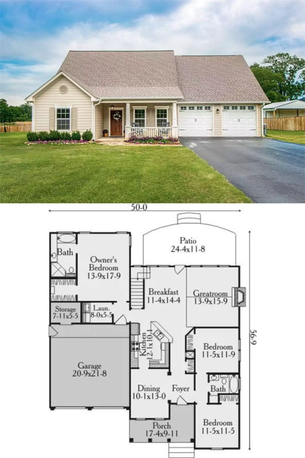 This welcoming cottage features a charming covered front porch that offers both shelter and a comfortable spot to relax outdoors. Vertical and horizontal siding create visual interest on the facade, complemented by a pitched roofline that ties the garage and main living area together.