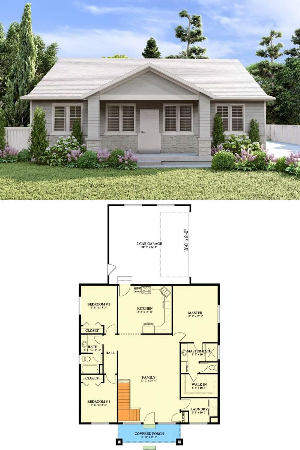 A welcoming covered porch spans the front of this charming traditional home, providing a sheltered entry and a cozy spot to enjoy the outdoors. The facade blends horizontal siding with a stone accent base to create visual interest and a sense of solidity.