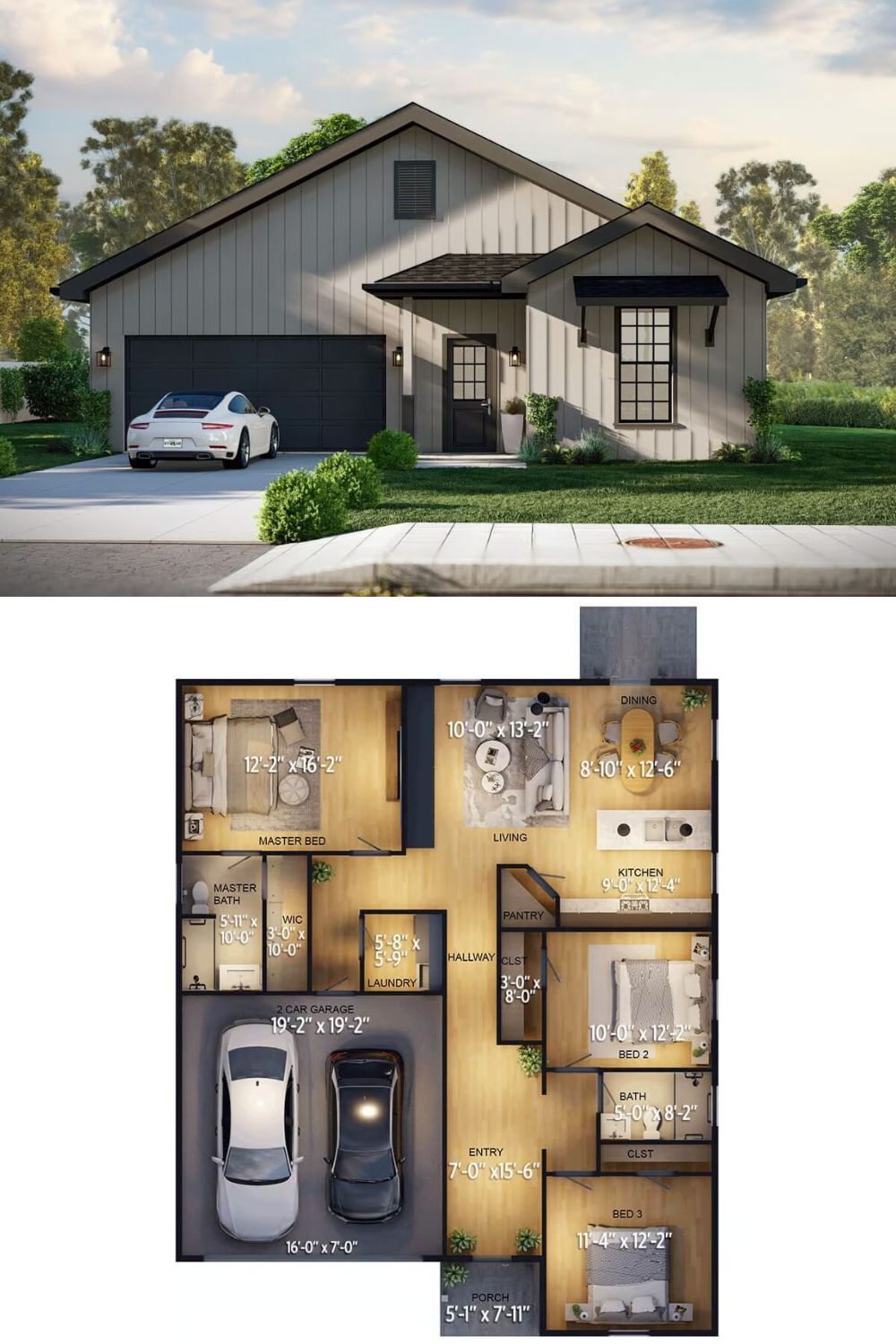 This 3-bedroom traditional home features a sleek exterior with board and batten siding and gable rooflines. The dark garage doors and window accents provide a striking contrast to the light siding, giving the home a contemporary yet inviting appearance. A small covered porch by the entrance adds charm and functionality.