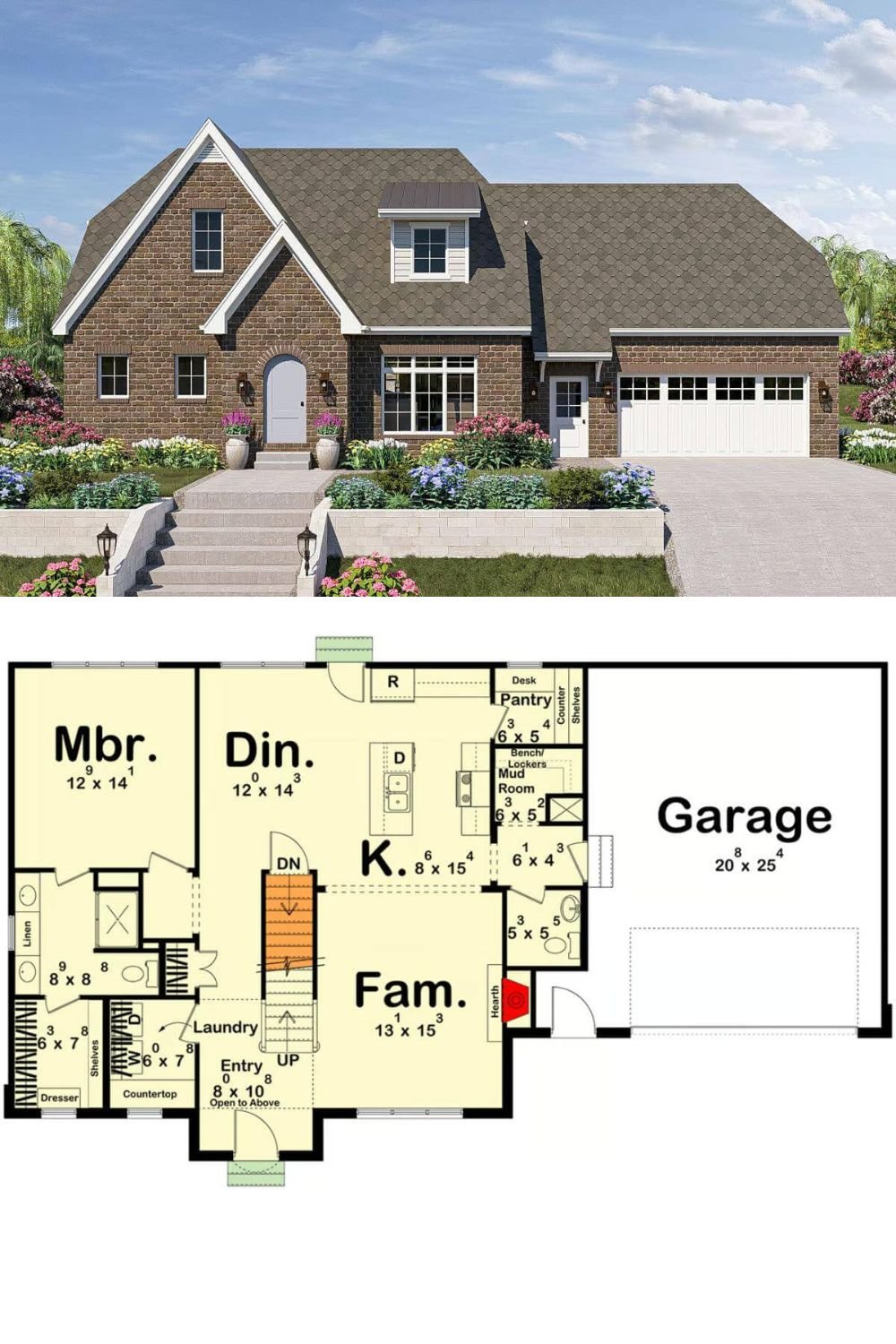 This traditional home exudes timeless appeal with classic brickwork complemented with contrasting white trim and gable accents. A front-facing garage and an arched entry door add charm and functionality, while large windows invite natural light into the home.