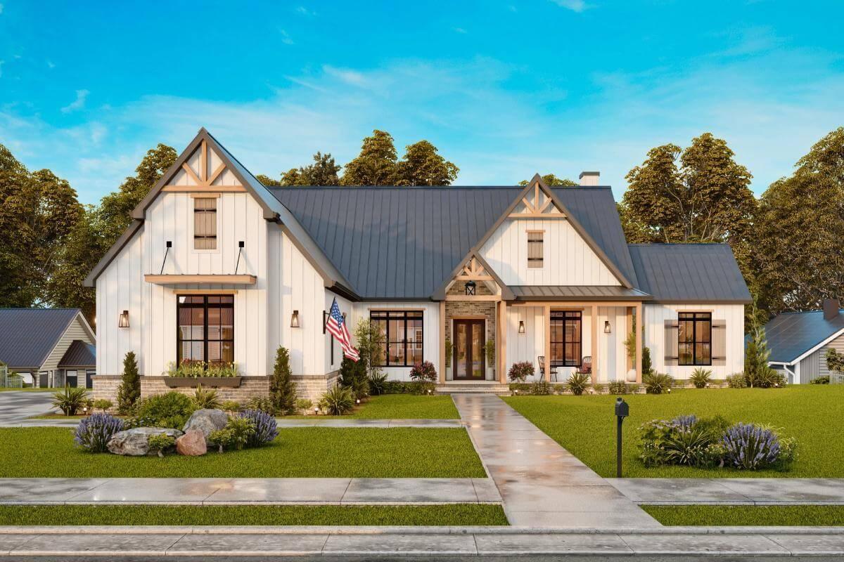 Classic Farmhouse Exterior with Modern Touches and Symmetrical Design