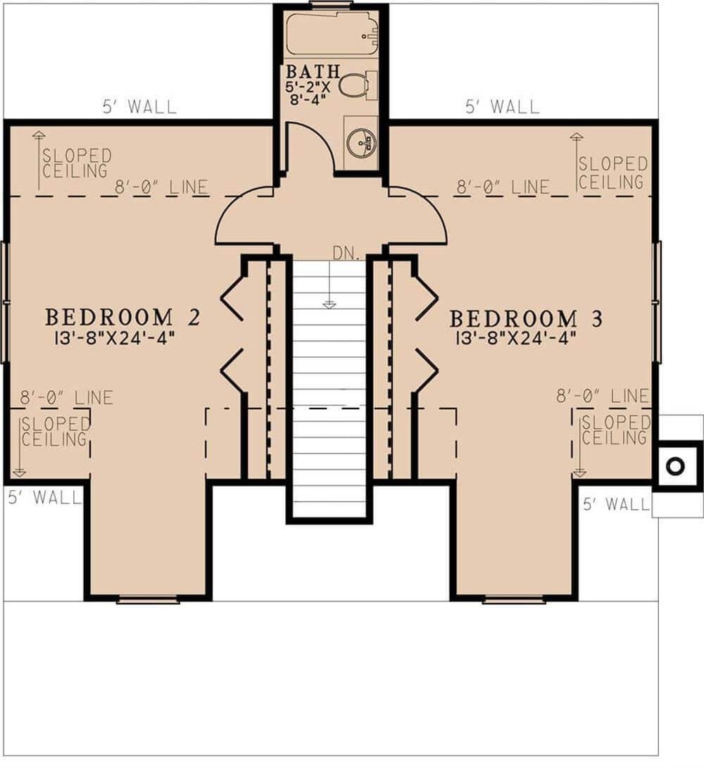 Second Floor Layout with Sloped Ceilings and Shared Bath