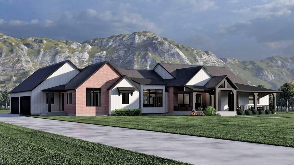 Modern Farmhouse with Striking Brick Facade and Gabled Rooflines