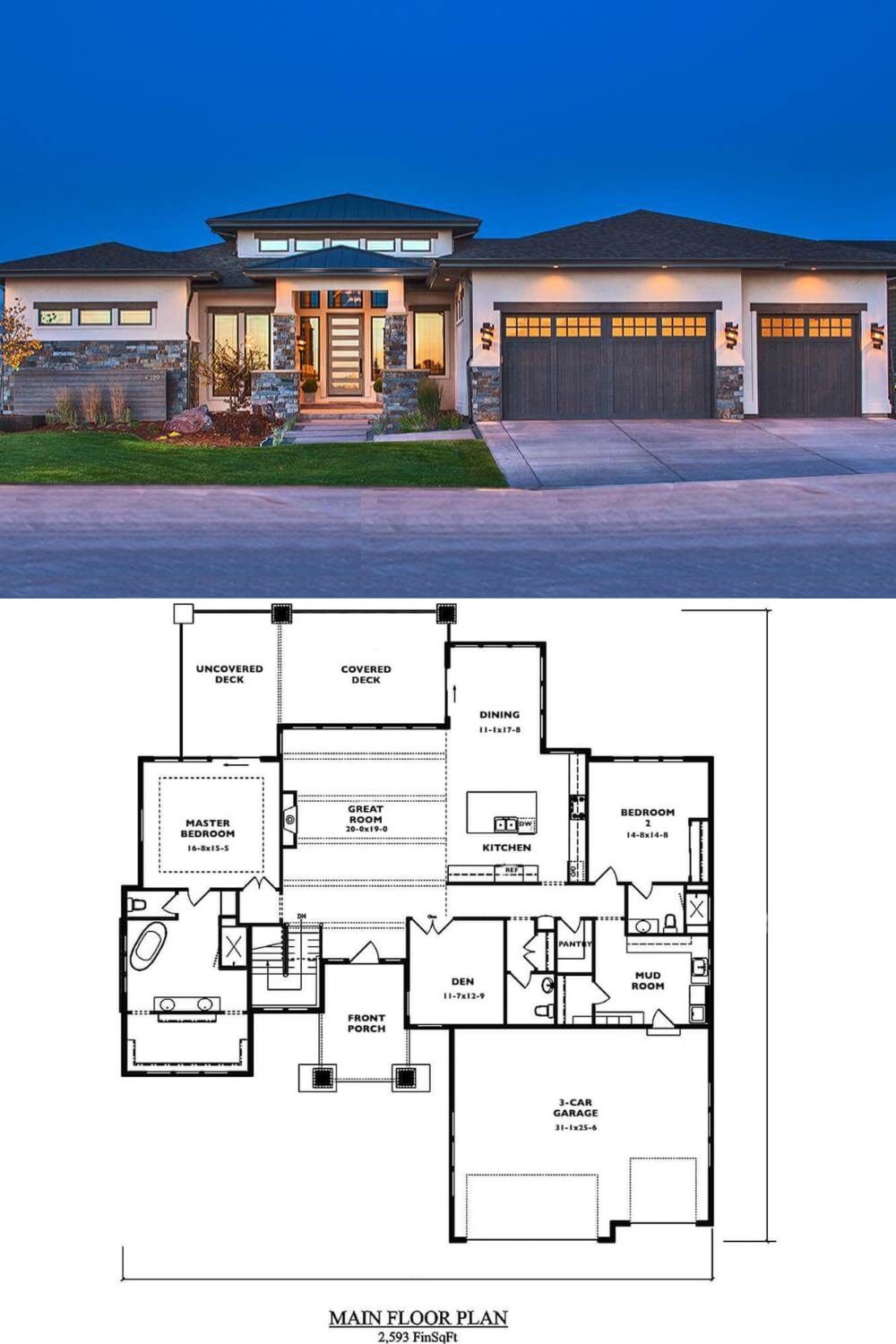 This contemporary-style home features a sleek combination of stucco and stone on the façade, highlighted by a stylish entryway with tall windows that bring natural light into the interior. A low-pitched roofline and a 3-car garage across the front create a balanced, modern look, while subtle architectural details around the entrance and garage doors lend a touch of warmth.