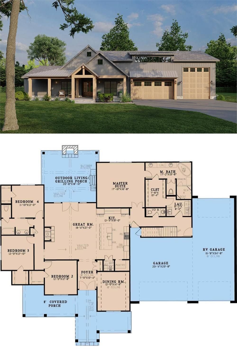 This contemporary home blends modern rustic charm with functional design, featuring a striking exterior that combines wood and metal accents. A covered front porch with exposed timber beams creates a welcoming entrance, while the large attached garage includes an RV bay for added versatility.