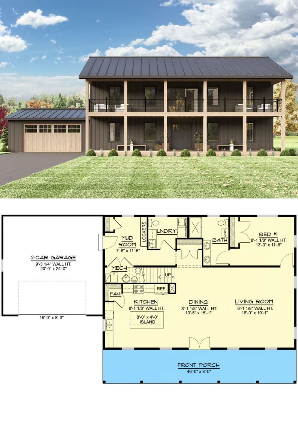 This country home blends sleek, contemporary design with rustic charm showcasing a dark vertical siding contrasted by light natural wood accents around the porch columns and garage door. Stacked porches in the front provide ample outdoor space for relaxing or entertaining.