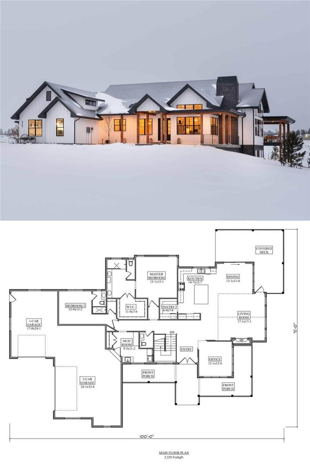 This craftsman-style home combines light-colored siding with dark trim and stone accents, creating a charming yet elegant appearance. The gabled rooflines and large windows give the home a balanced and welcoming look. A wraparound front porch supported by rustic columns adds to the craftsman charm, providing a cozy outdoor space to relax and enjoy the surroundings.