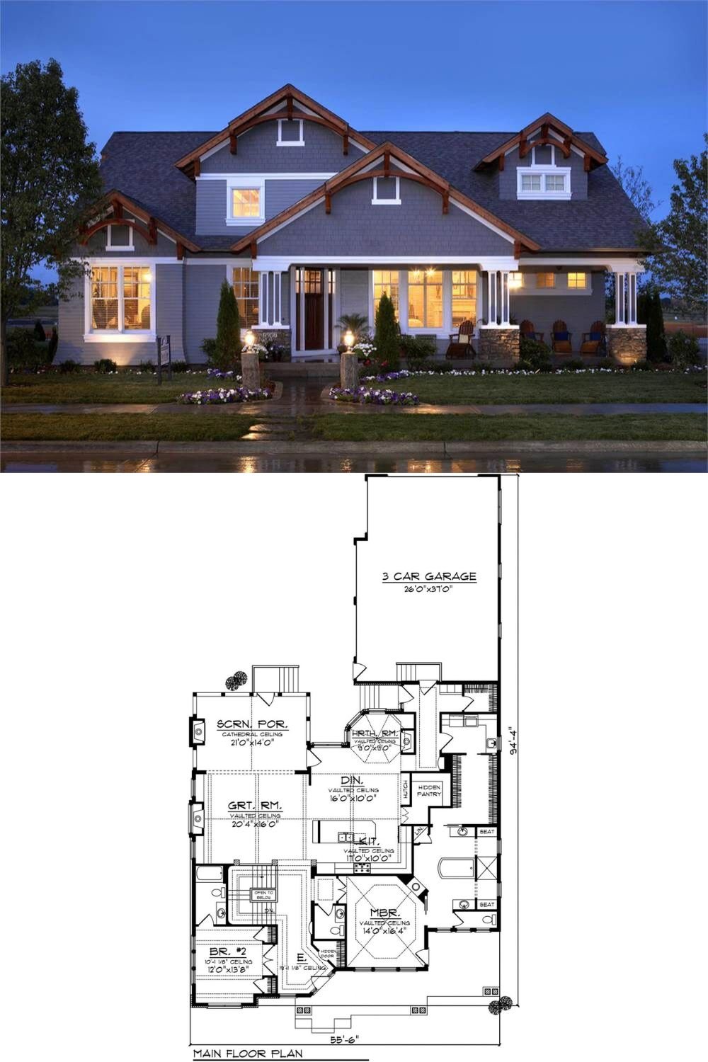This craftsman-style home features a charming and inviting façade with a combination of wood and stone elements. It showcases gabled rooflines accented with decorative brackets and trims. A covered front porch with stone columns adds warmth to the entrance, complemented by large windows that enhance the home's curb appeal.