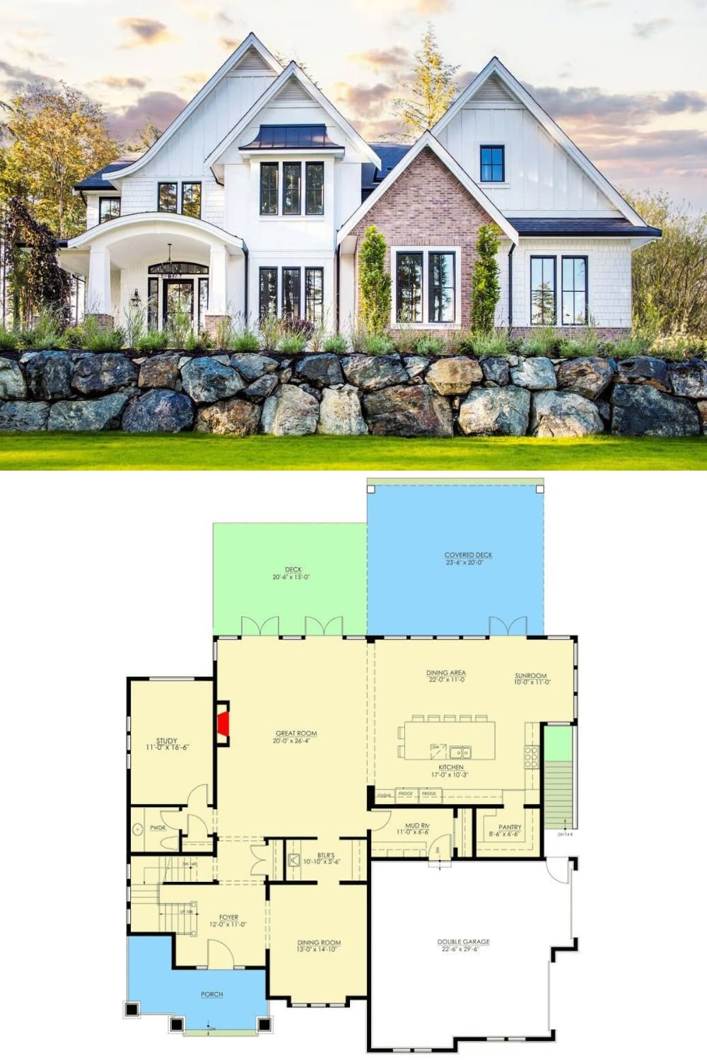 This European-style home features a combination of white siding and brick accents, creating a timeless and visually appealing façade. Tall, black-framed windows enhance the home's grandeur and allow natural light to pour into the interior. A welcoming arched front porch serves as a striking entrance, providing both elegance and a warm invitation into the home.