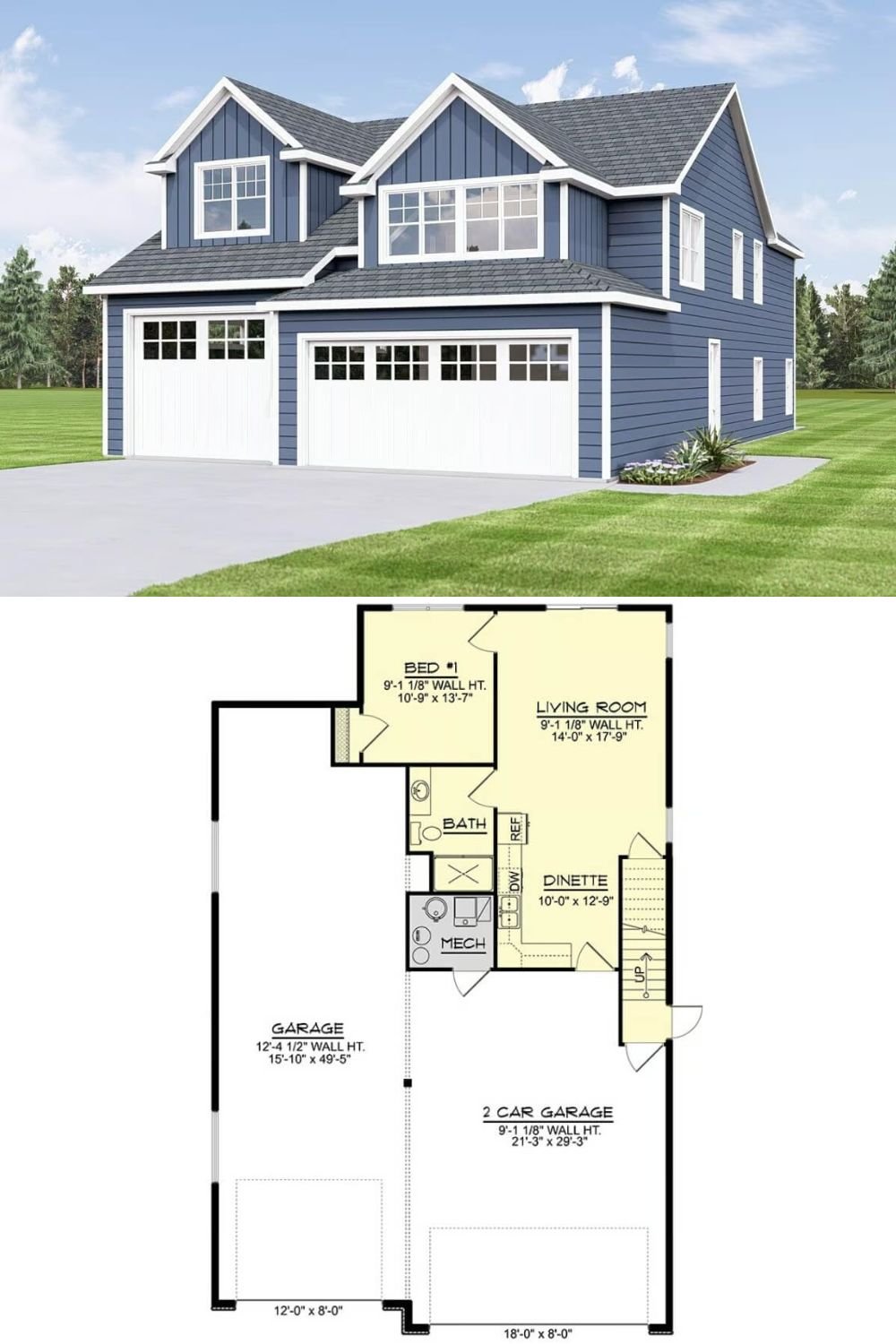This traditional craftsman-style home exudes classic charm with its clean lines, gabled roof, and timeless blue siding accented by crisp white trim. The symmetrical design is complemented by large windows that invite natural light into the interior. A spacious three-car garage seamlessly integrates into the home’s facade, offering both functionality and aesthetic balance.