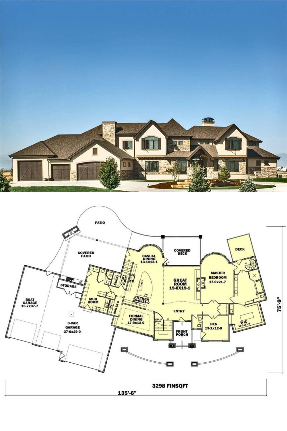This 4-bedroom home showcases a stately traditional design with a combination of stone and stucco, complemented by dark wooden shutters and an inviting front porch. The multi-gabled roofline, dormer windows, and elegant entrance create a grand yet welcoming aesthetic. Large windows allow for ample natural light, and the attached garage blends seamlessly into the design.