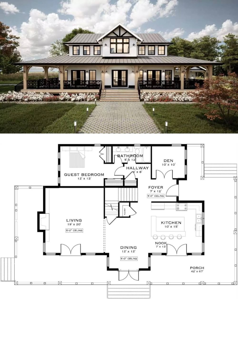 This farmhouse-style home boasts a charming exterior with a wraparound porch, large windows, and a gabled roof, combining timeless elegance with modern functionality. The structure features warm wood accents and a symmetrical layout, creating an inviting and picturesque appearance.