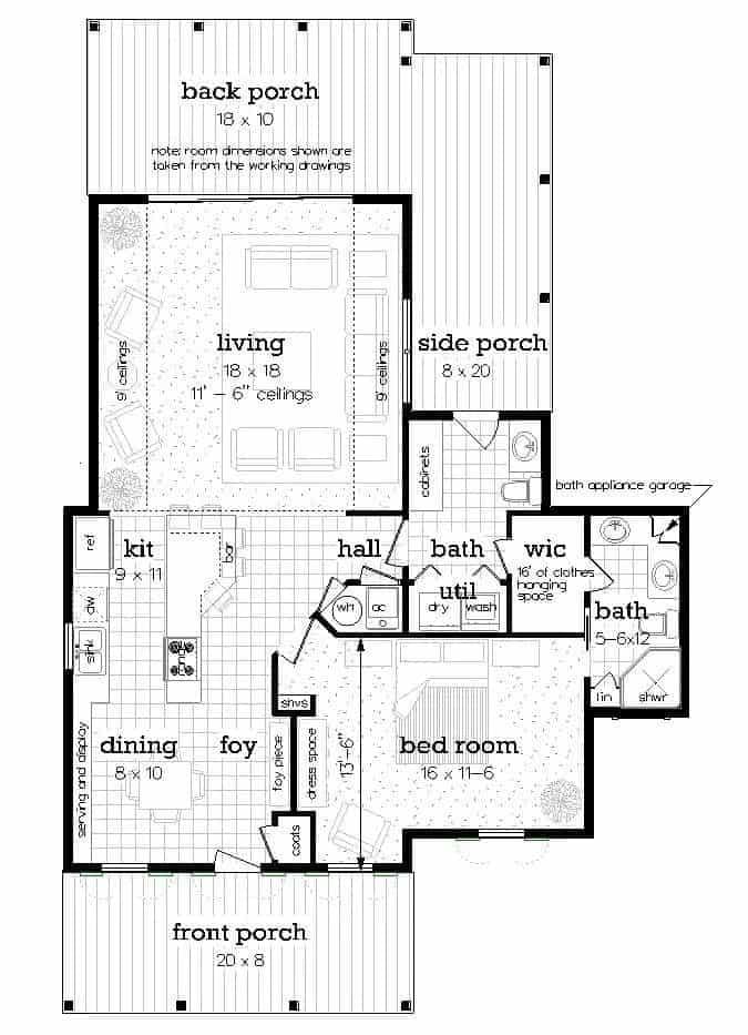 Explore This Thoughtfully Designed One-Bedroom Floor Plan with Dual Porches
