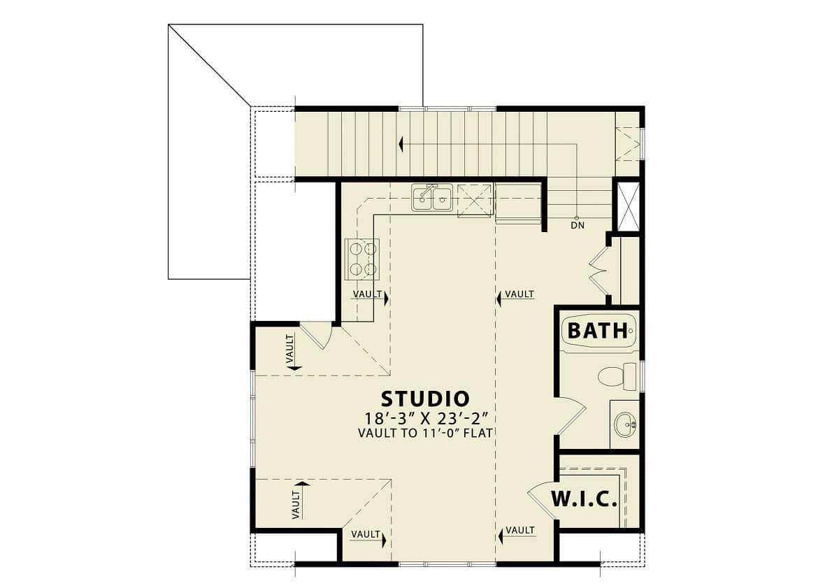 Explore the Versatile Studio Layout with Vaulted Ceilings