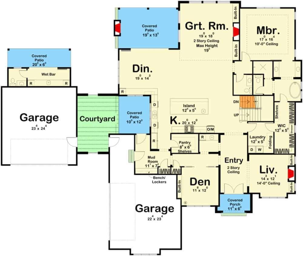 Explore This Spacious Floor Plan with Dual Garages and Courtyard