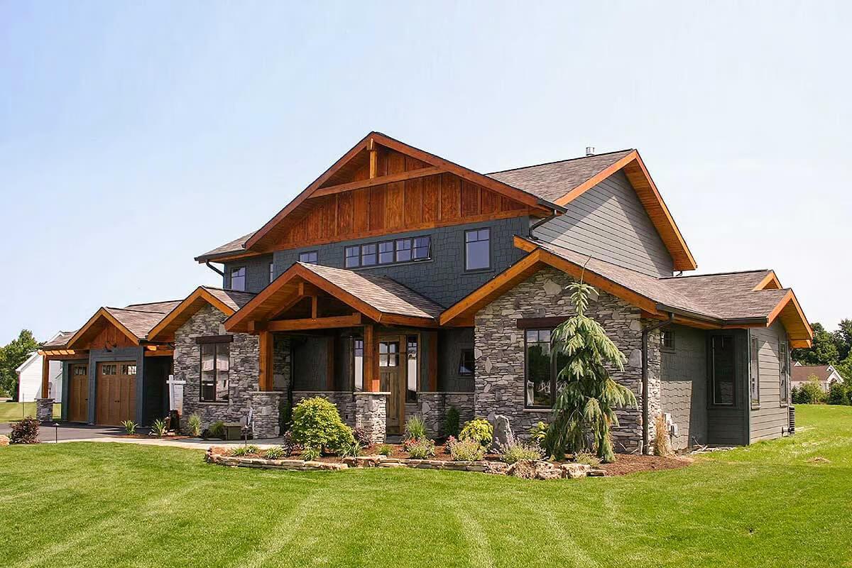 Craftsman-Style Home with Striking Stone and Wood Facade