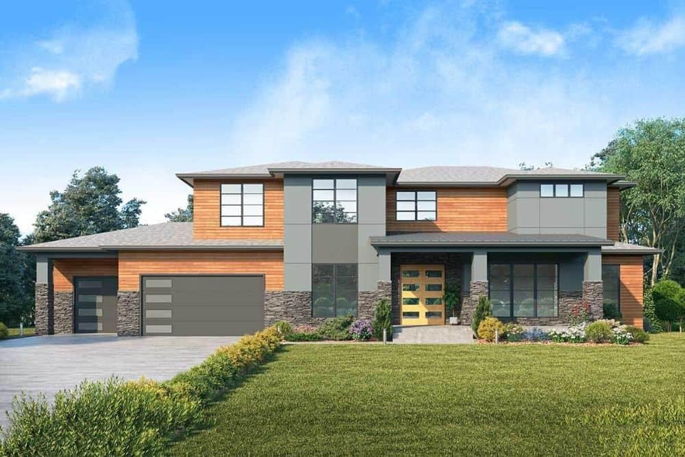Check Out This Contemporary Facade with Stone and Wood Accents