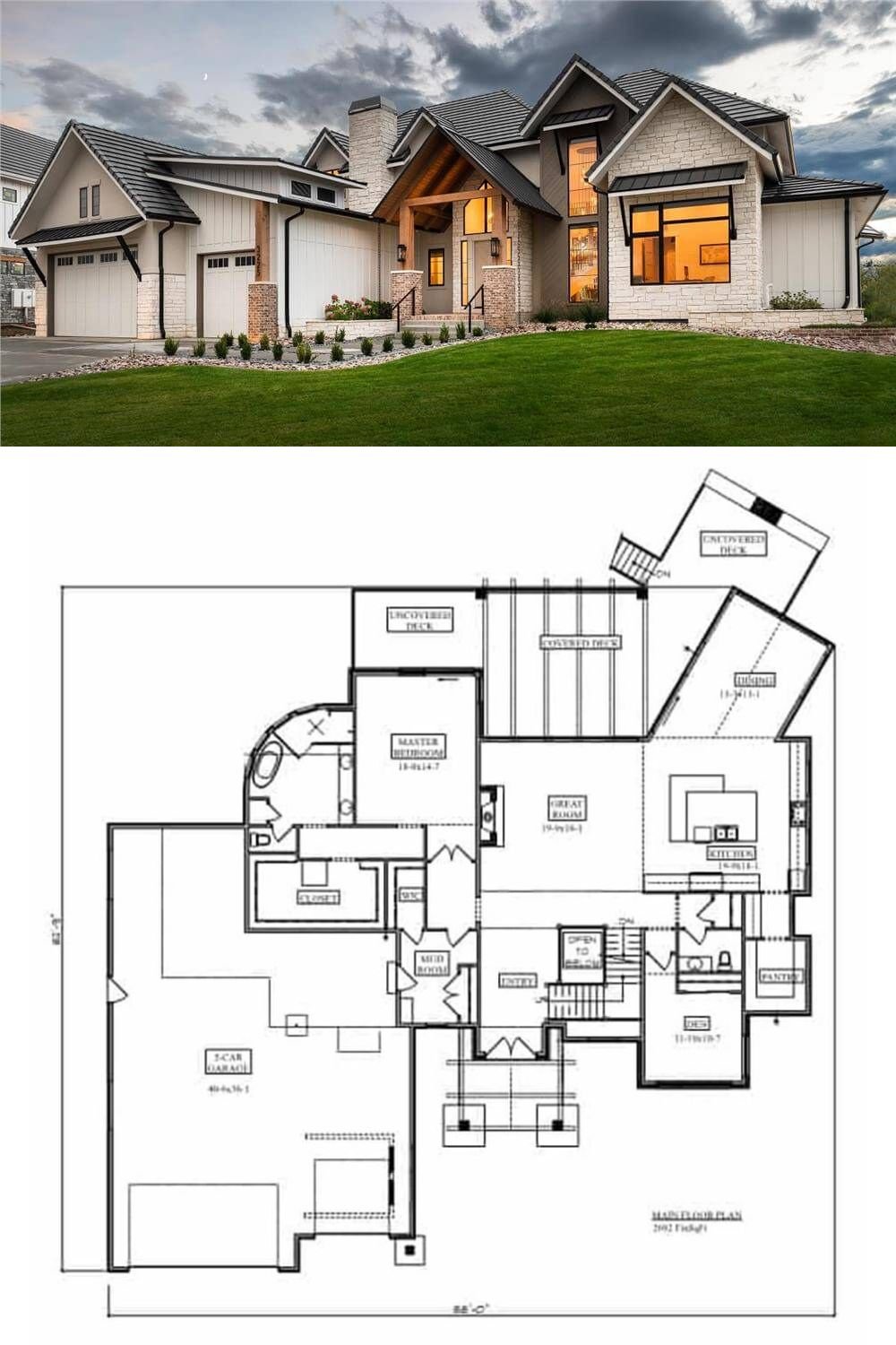 This contemporary home combines light-colored stucco, board and batten detailing, and elegant stone accents, creating a visually stunning and cohesive design. The steep gabled rooflines and expansive windows emphasize the home’s modern architectural style, while the grand entryway with a timber-framed porch adds warmth and sophistication.