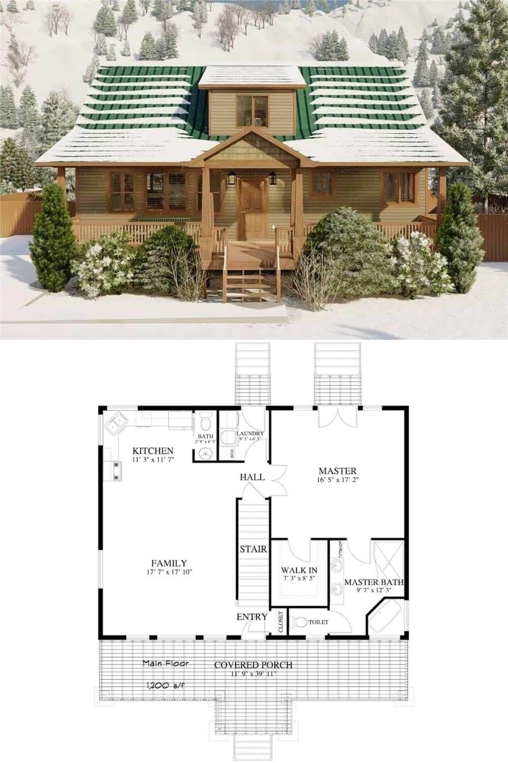 This craftsman home exudes rustic cabin charm, accented by a metal roof and generous use of wood siding and trim. A dormer tops the roofline, bringing natural light into the upper level and lending extra character to the façade. The expansive porch stretches across the front, offering an inviting space to relax and enjoy the outdoors in any season.