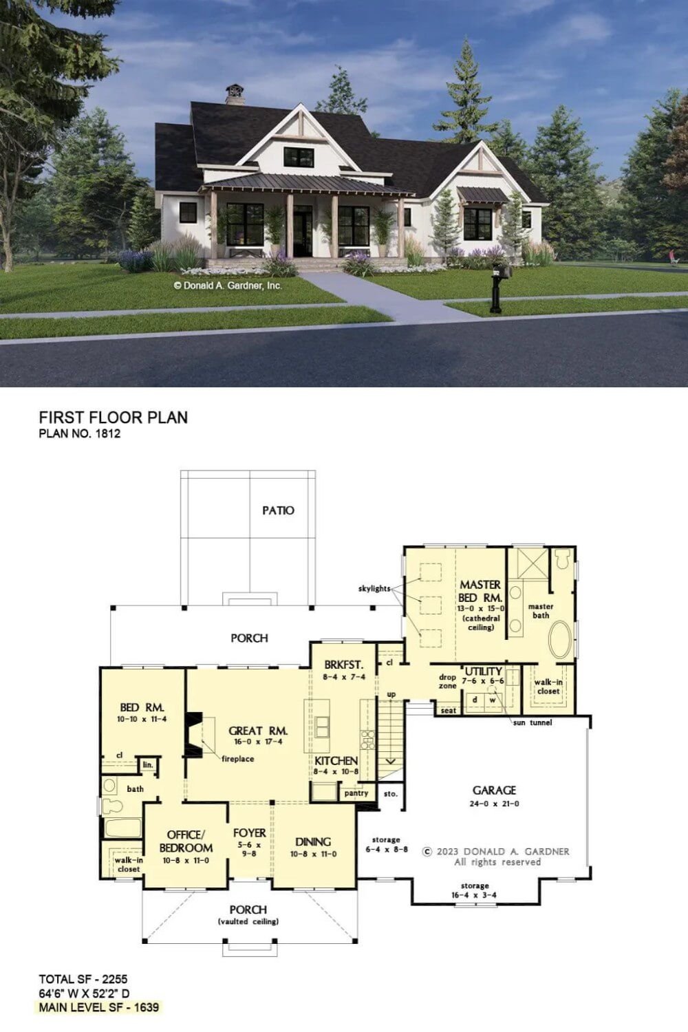 This home’s exterior showcases a modern farmhouse aesthetic, highlighted by white siding, decorative trusses in the gables, and a contrasting dark roof. A covered front porch stretches across the façade, supported by natural wood posts that add warmth and rustic appeal.
