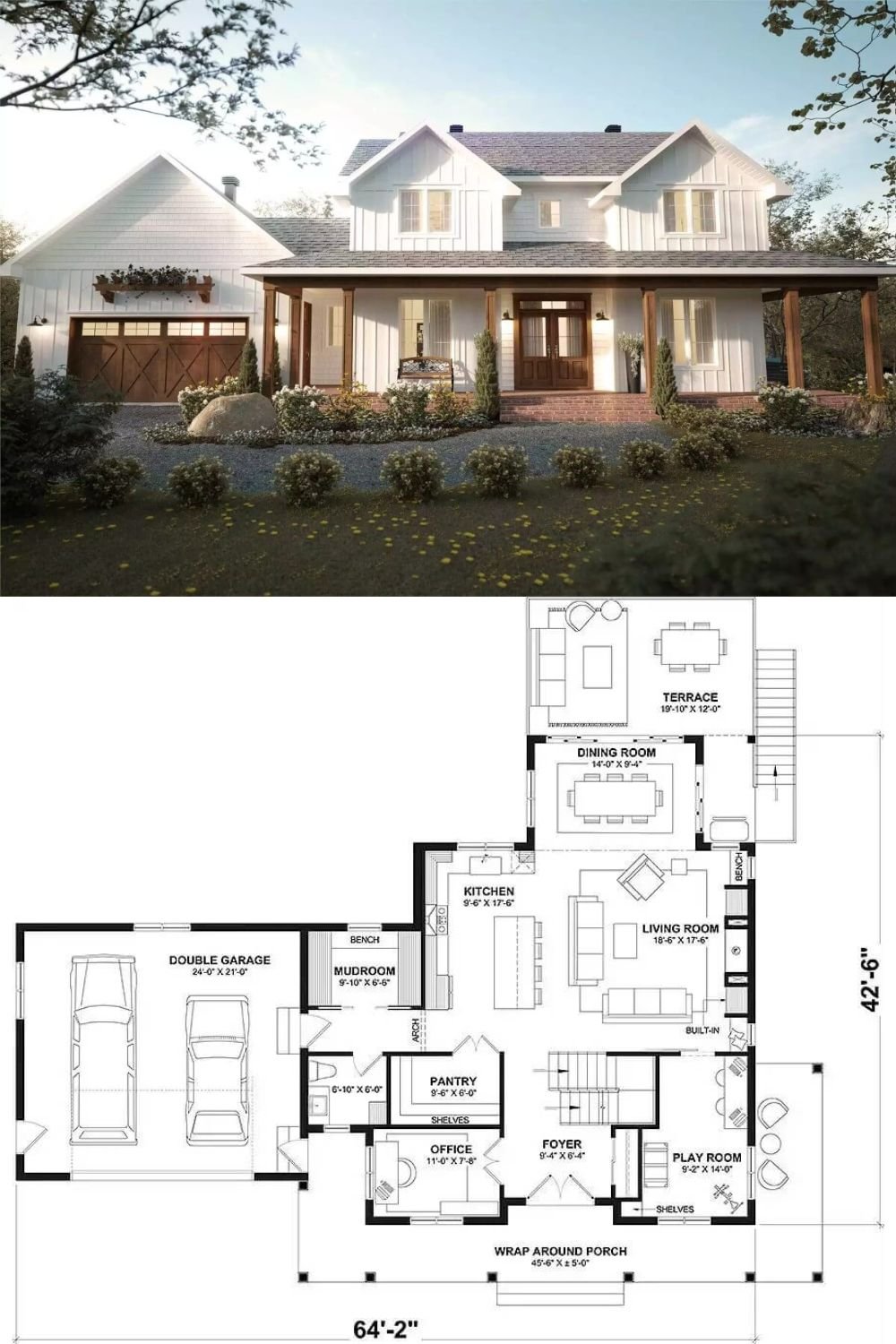 This 6-bedroom farmhouse blends classic and modern elements with its clean white exterior and rich wooden accents. The symmetrical facade features a spacious wrap-around porch supported by wooden columns, offering a warm and inviting entryway. A set of double wooden front doors and matching wooden garage doors add rustic elegance.