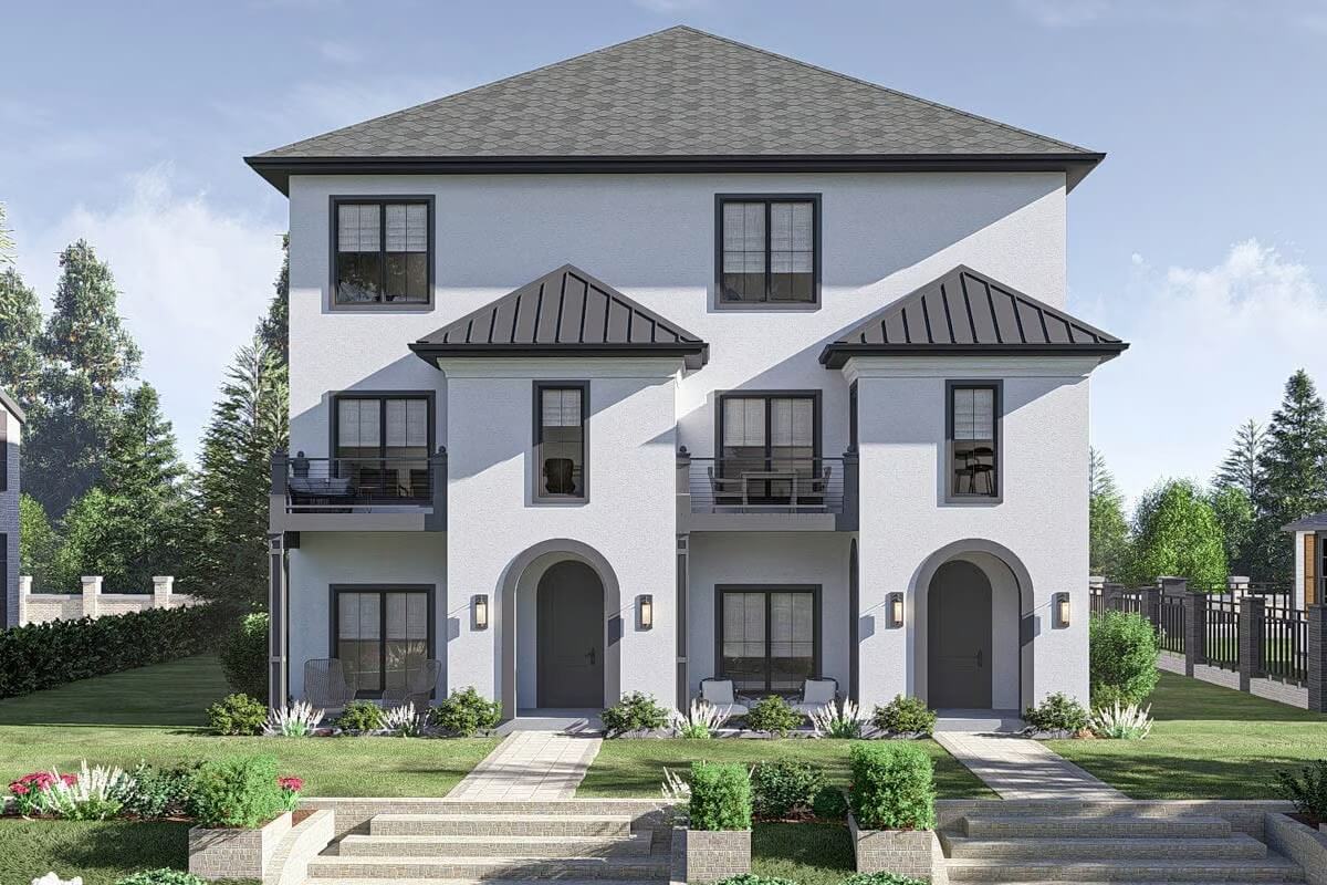 Traditional-Style Duplex with Front Porch and 4-Bed Units (Floor Plan)