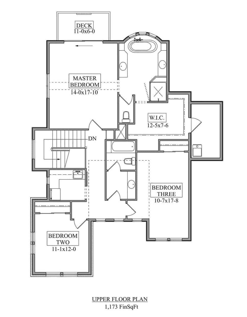 Explore the Layout: Upper Floor Plan with Three Bedrooms and a Deck