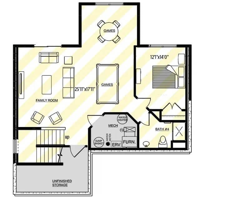 Versatile Basement Layout with a Dedicated Games Area