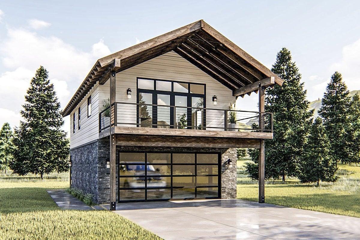 Chic Two-Story Design with a Striking Balcony and Glass Garage Door