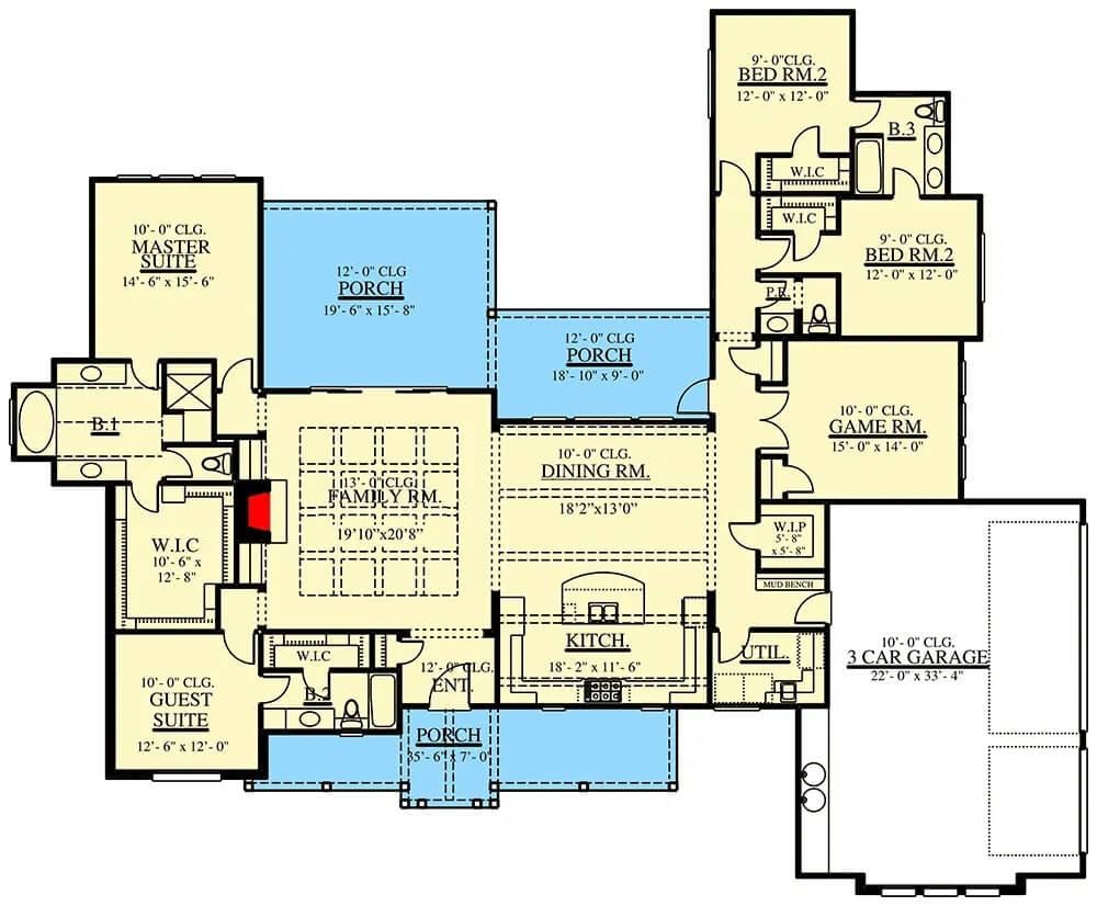 Spacious Floor Plan with Multiple Porches and a Game Room