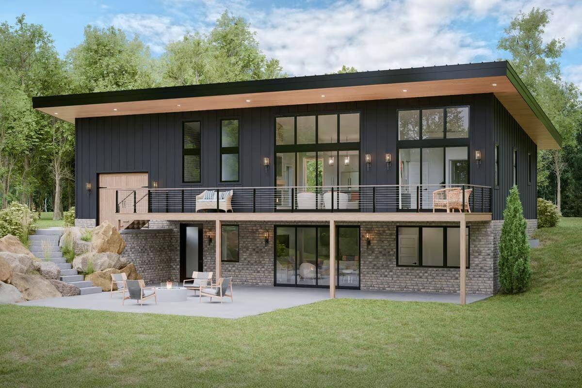Mountain-Style 3-Bedroom Vacation Home for a Sloped Lot with Wet Bar (Floor Plan)