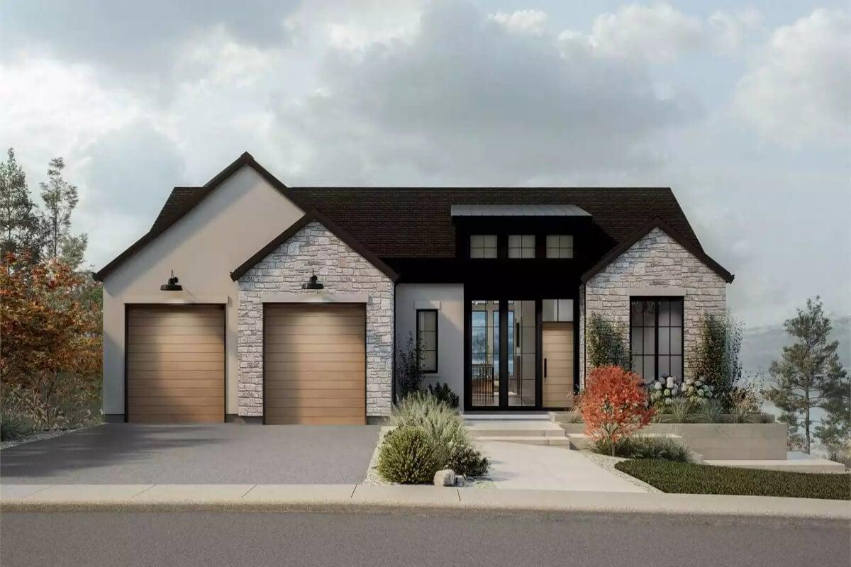 Modern Home with Striking Stone Facade and Dual Garage Doors