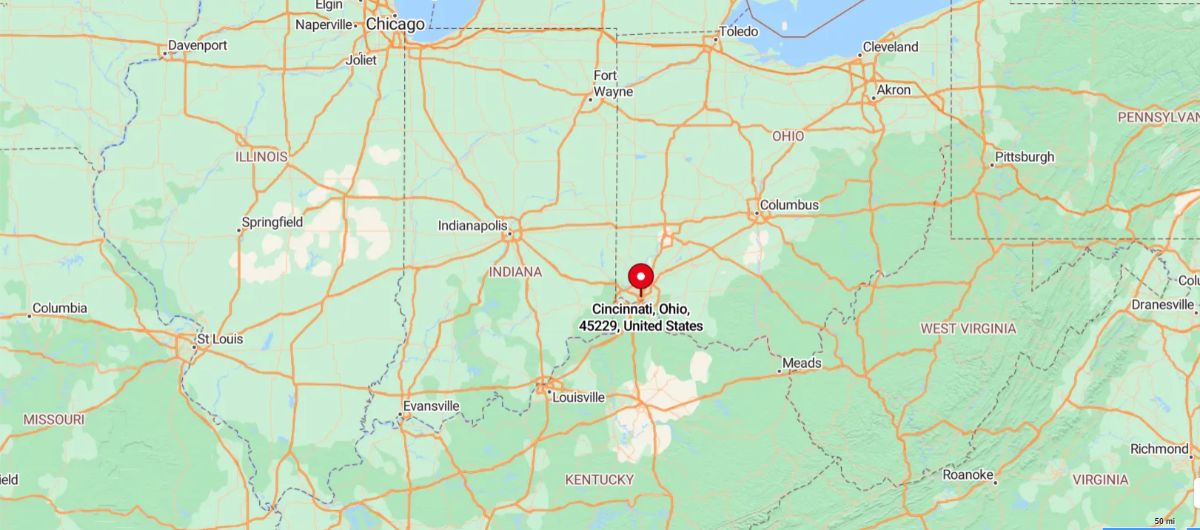 Cincinnati, Ohio, is located in the southwestern corner of the state, along the northern bank of the Ohio River, which forms the border with Kentucky.