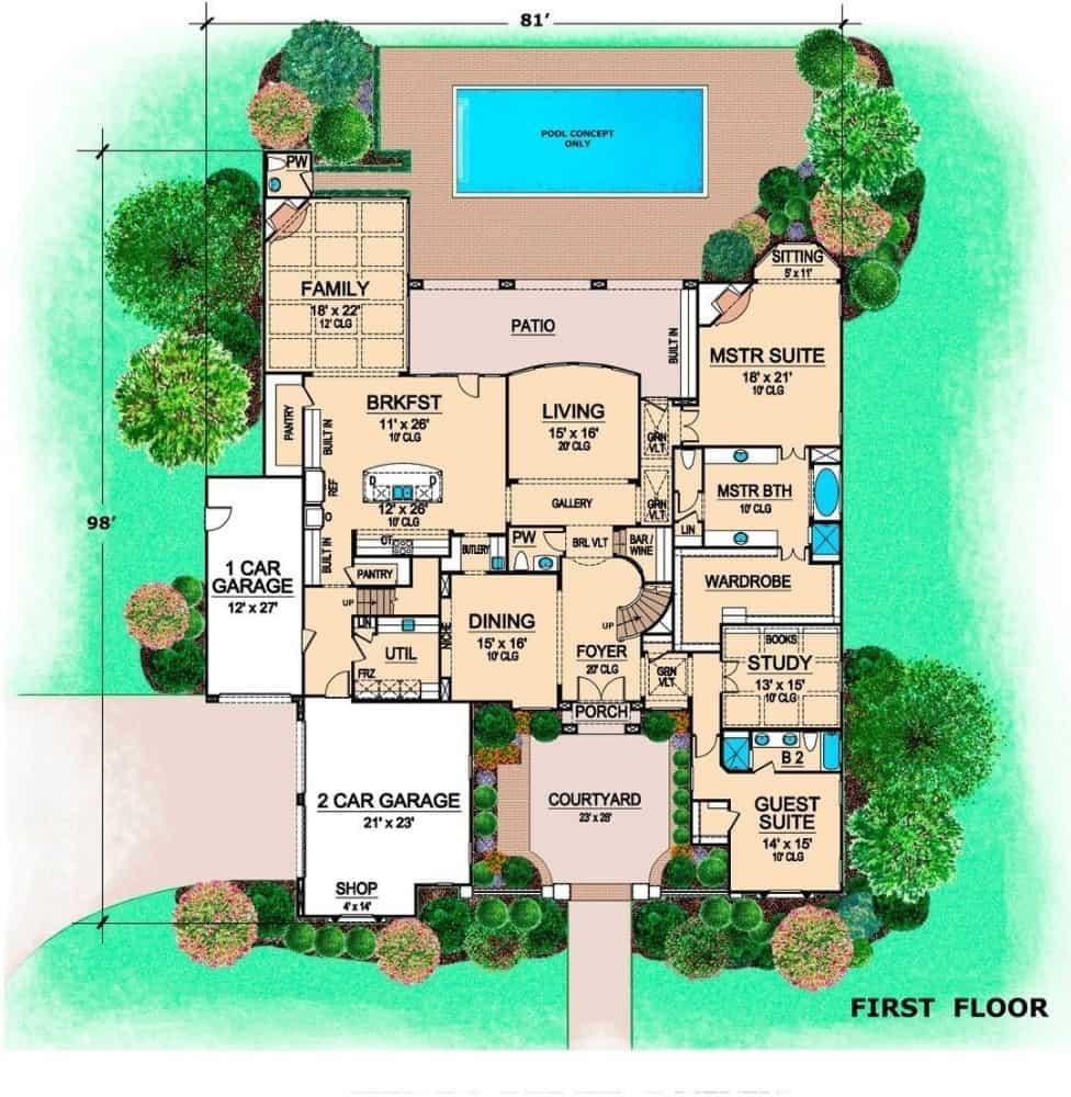 Spacious Home Layout with a Courtyard Entry and Expansive Pool Area