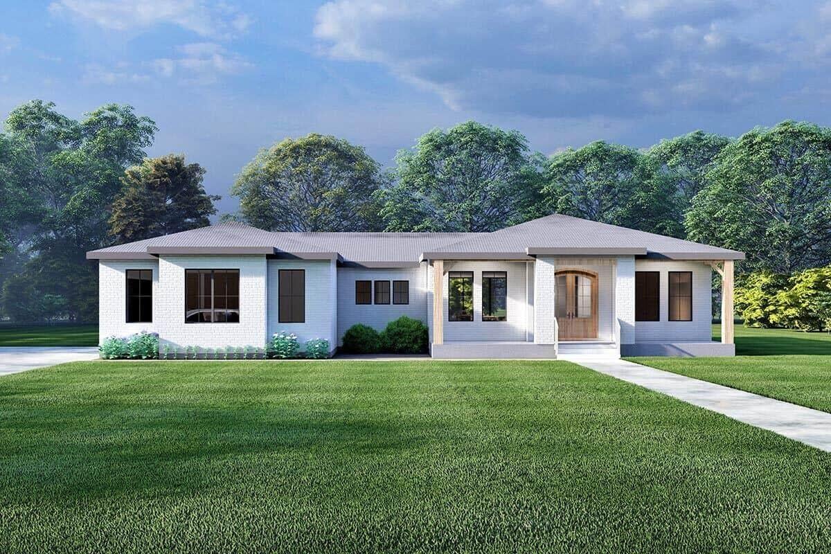Contemporary Ranch Home with Bold Windows and a Charming Porch