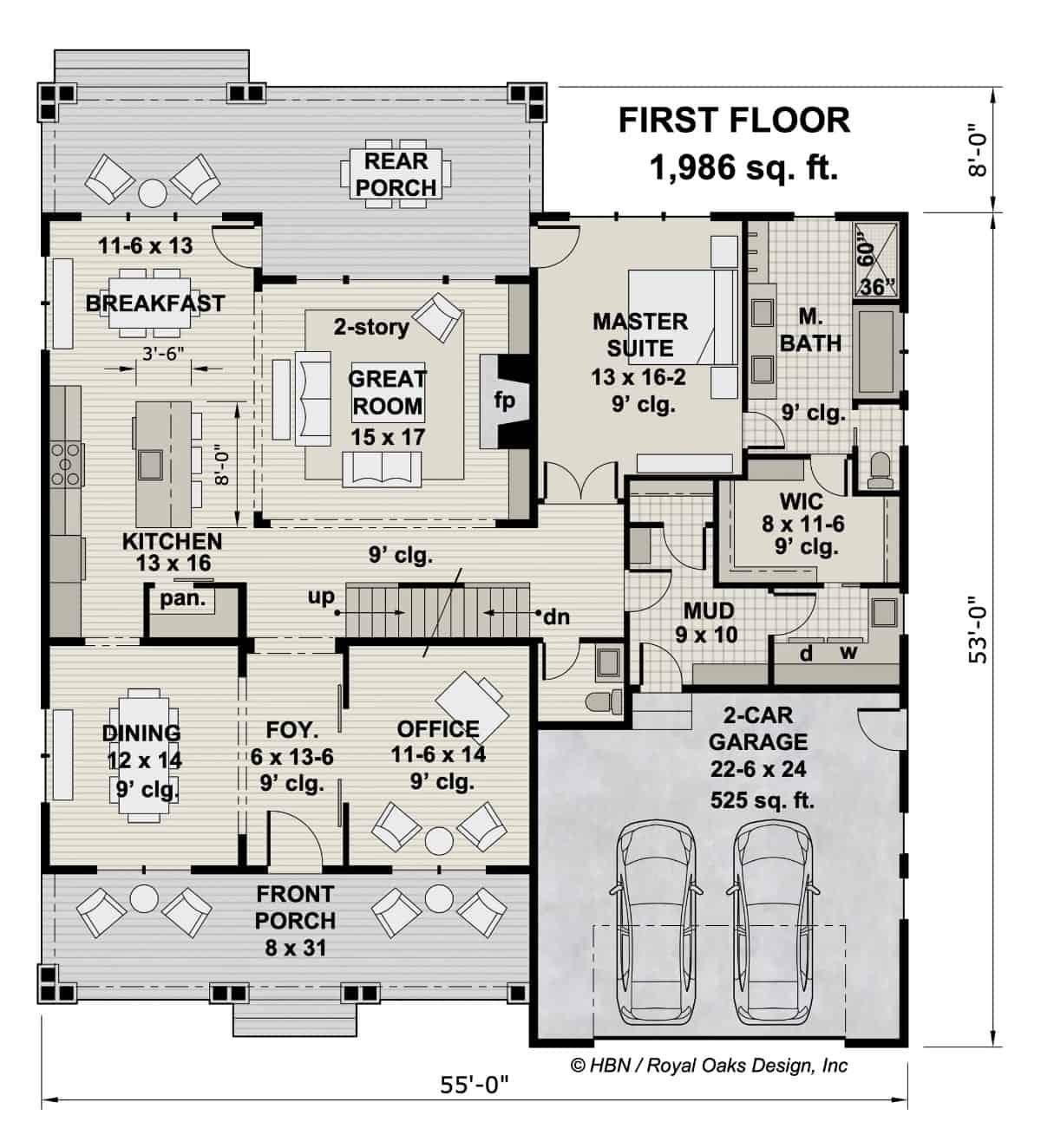 Spacious First Floor with Cozy Rear Porch and 2-Car Garage