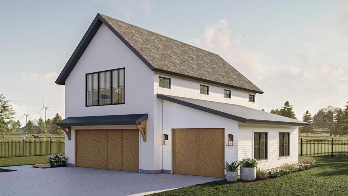Check Out the Bold Contrast of Wood Accents on This Modern Farmhouse Exterior