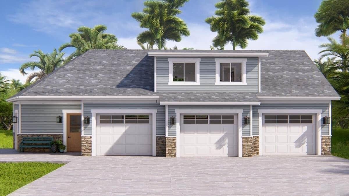 Check Out This Bungalow with Triple Garage Front and Stone Accents