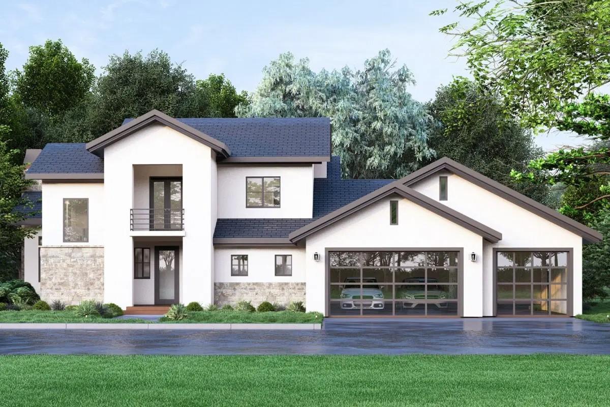 Modern Facade with Striking Garage Doors and Stone Accents