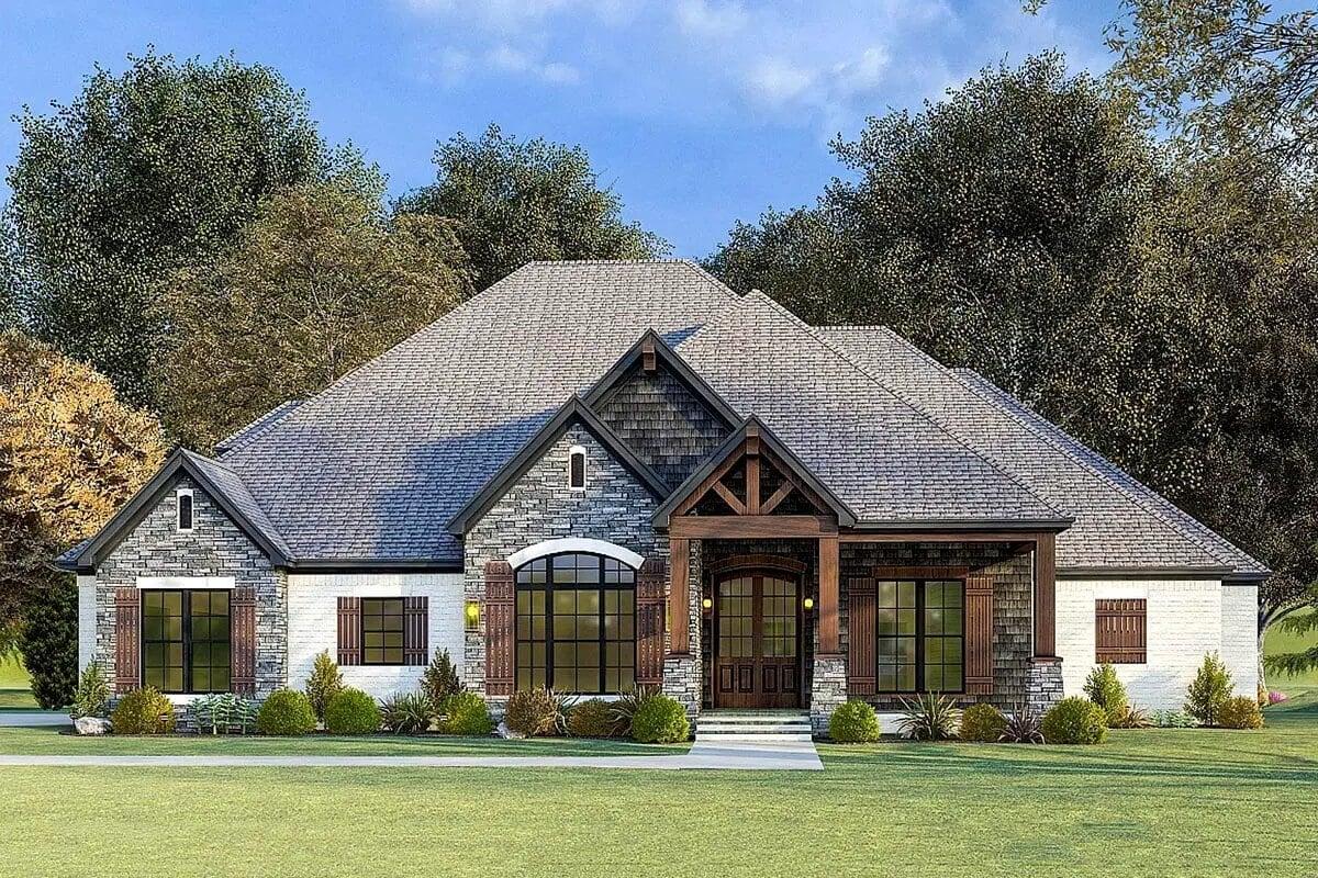 Classic Ranch Exterior with Timber Accents and Stone Facade