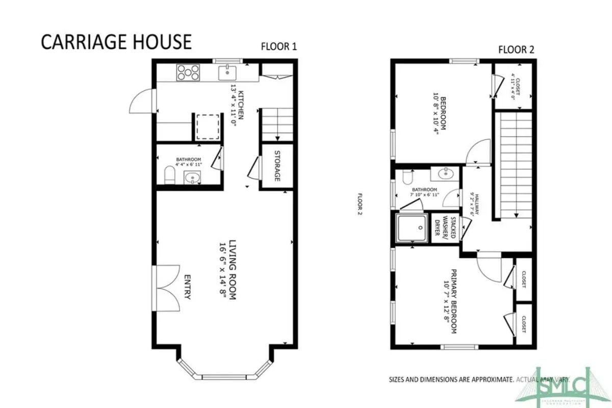 Floor one includes a spacious living room, kitchen, bathroom, and a storage area.