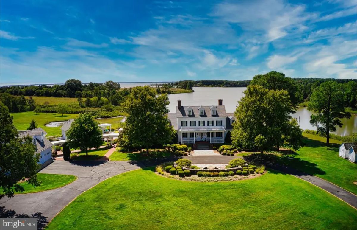 This 9,117-square-foot Colonial estate sits on 145 acres of farmland in Royal Oak, with views of Fox Hole Creek leading to the Tred Avon River.
