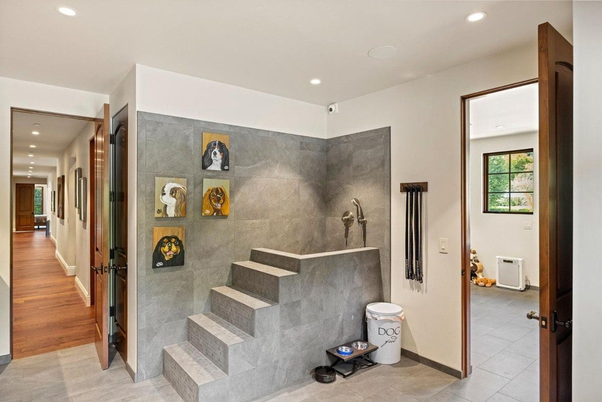 Walk-in pet shower area includes gray-tiled steps, leash hooks, and a wash station for convenience.