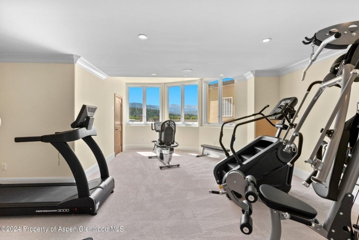 Cardio and strength-training machines are arranged to face a wall of expansive windows overlooking lush greenery.