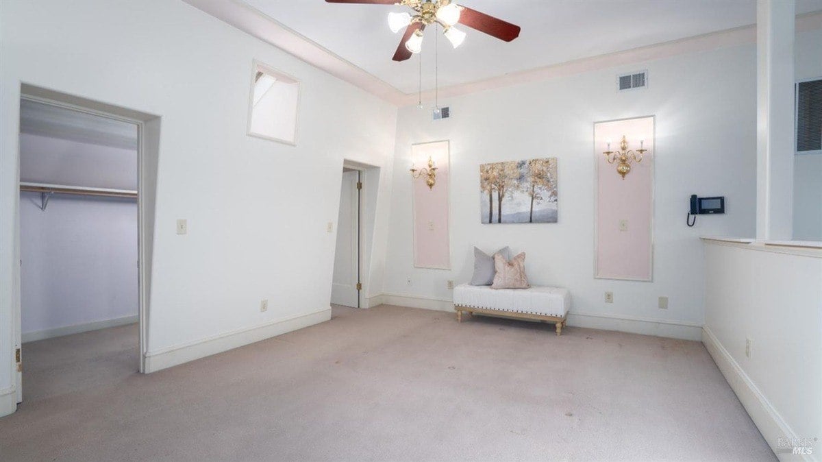 White room features soft carpet flooring, recessed wall accents, and a walk-in closet.