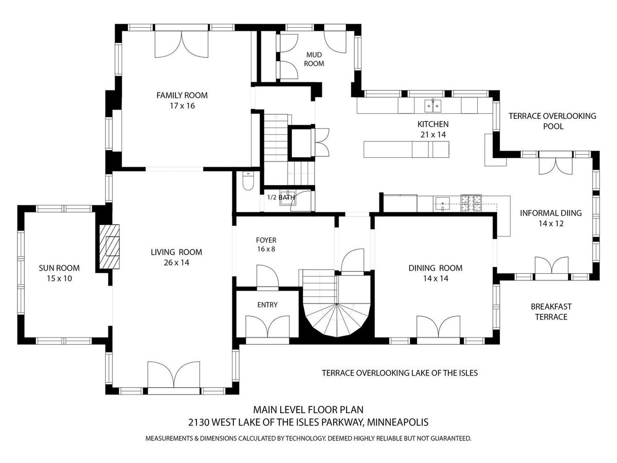 Main level floor plan of a house at 2130 West Lake of the Isles Parkway, Minneapolis.