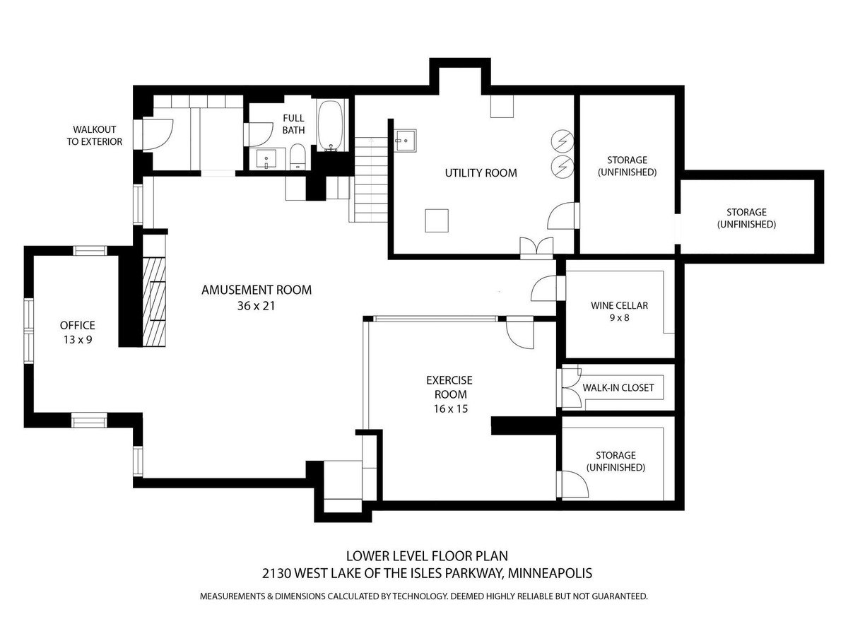 Lower level floor plan of a house at 2130 West Lake of the Isles Parkway, Minneapolis.